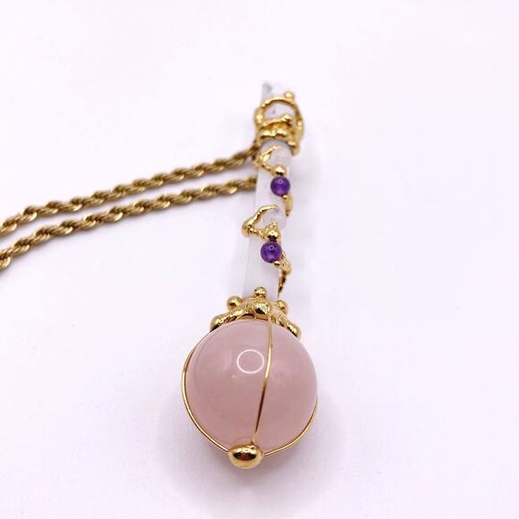 Gems Crystals Pendant Wand 3” Rose and Angel Quartz on Vntg Gold Filled Chain - Picture 5 of 7